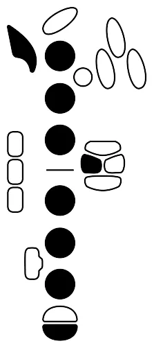 Fingering diagram for B5. Keys pressed: Octave, LH 1 2 3, pinky C-sharp, RH 1 2 3, low C.